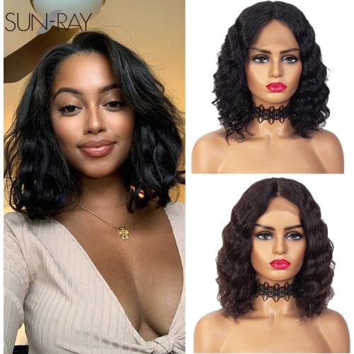 Sun-Ray Short Loose Wave Lace Part Human Human Hair Pre Plucked for Women Natural Brizillian Human Hair wig 12 Inch Black Color