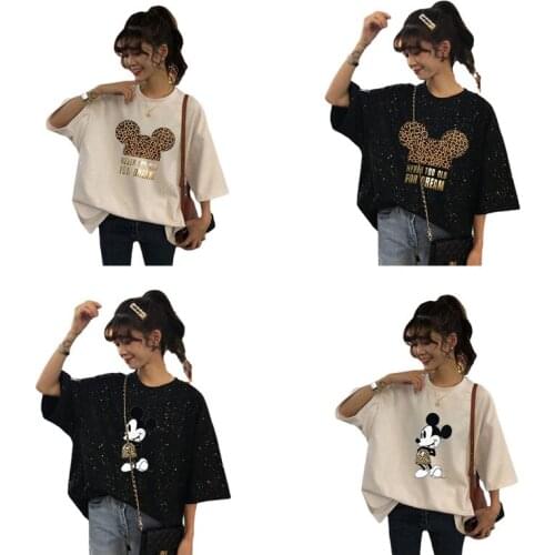 Disney Mickey Summer New Cute Girl Short-sleeved Cartoon Anime Hip-hop Printed Blouse Mid-length Long Loose Cotton Short T-shirt
