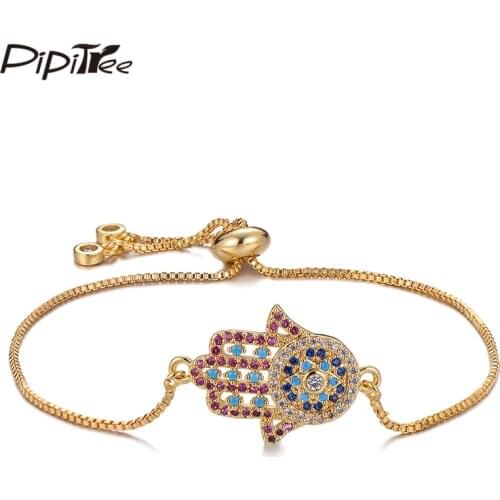 Pipitree Trendy Fatima Hand Charm Bracelet Hamsa Hand Jewelry AAA Cubic Zirconia Bracelets for Women Men Chain Hip Hop Pulsera