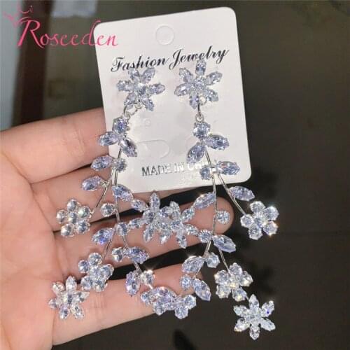 Fashion Korean CZ Flower Earrings Wedding Jewelry AAA Cubic Zirconia Long Drop Bridal Earring For Women RE4169