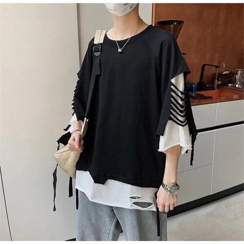 Summer Cotton Tshirt Streetwear Male Japanese Cool Loose Gothic Ripped T Shirt High Street Oversize Half Sleeve T Shirt Funny