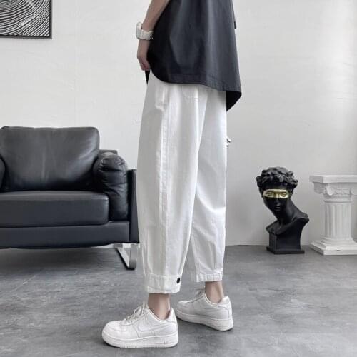 Mens Summer Cargo Pants Ankle-length Black White Thin Trousers Casual Size M-XXL