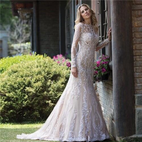 Boho Wedding Dresses Mermaid Bridal Dress 2021 Long Sleeve Lace Appliques Beaded Bohemian Wedding Bride Gowns Vestido De Noiva