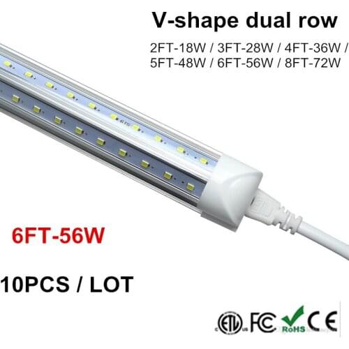 LED Tube Light 6ft 180cm 1800mm V Shape Integrate 4ft 5ft 6ft 8 feet T8 Dual LED Tubes Cool Lighting SMD2835 100LM/W AC85-265V