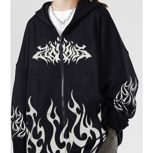 Gothic style Streetwear Oversized Hoodie Harajuku Y2k aesthetic Clothes grunge Punk Jacket Zip-up Womens Dark Flame Sweatshirts