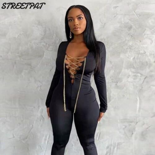Fitness Jumpsuit Women Sexy Bodycon Chain Lace Up Long Sleeve Romper Elasticity Playsuit Streetwear Jumpsuits Body Femme 2021
