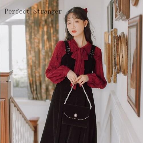 2021 Autumn Winter New Arrival High Quality Retro Two Pieces Bow Collar Long Sleeve Blouse +Brace Corduroy Long Dress Women Sets