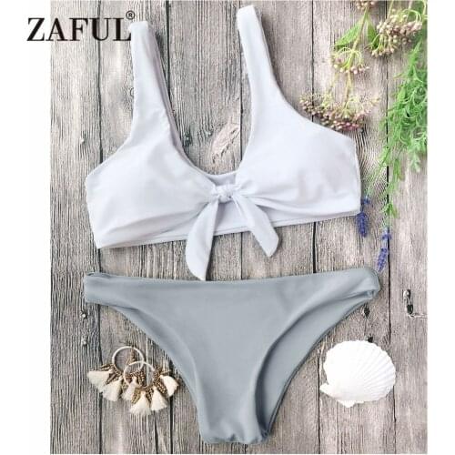 ZAFUL Bikini Swimwear Knotted Bralette Bikini Top and Bottoms Women Swimsuit Sexy Low Waisted Solid Pullover Knot Bathing Suit
