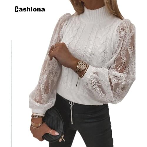 Women Autumn New Knitting Sweater Femme Patchwork Lace Turtleneck Jumper Pullovers Sweaters Top Fashion Womens Clothing 2021