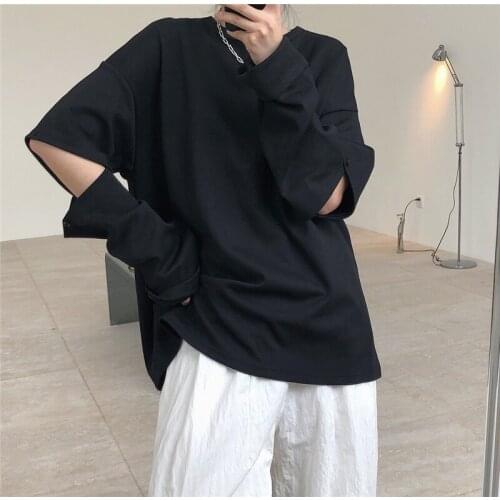 LMQ NEW Spring Korean Street Handsome Ins Cuff Loose Holes Round Neck Sweatshirts Wild Long Sleeved Casual Punk Hip Hop Rock Top