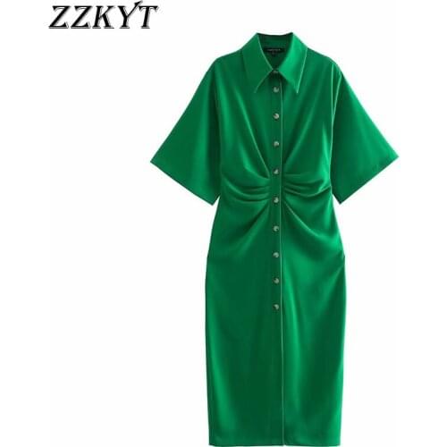 ZZKYT 2021 Women Summer Fashion Green Folds Midi Dress Vintage Lapel Collar Short Sleeve Single Breasted Party Female Dresses