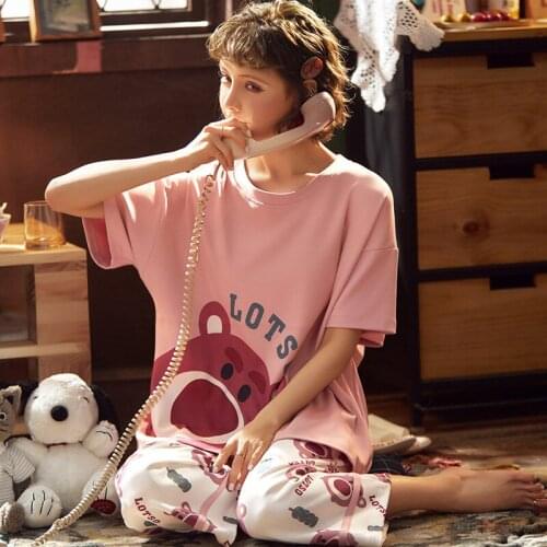 100% Cotton Pijama Women Pajama Sets Knitted Cartoon Print Loose Lingerie Plus Size Pyjamas Half Sleeve Sleepwear Pijamas Mujer