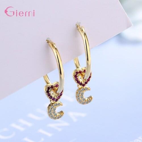 Fashion 925 Sterling Silver Gold Wedding Crystal Earrings For Women Trendy Jewelry Moon Heart Valentines Day Gift Wholesale