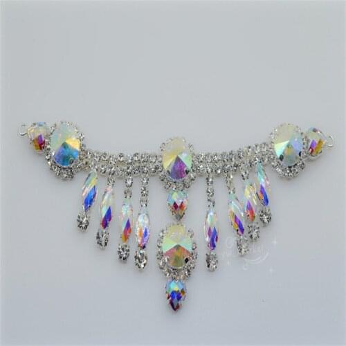 Rhinestone Tassel Fringe Applique ab Silver trimming Costume shows clothes Dress Jewelry making 1 pcs