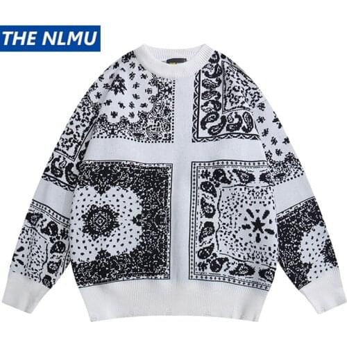 Harajuku Bandana Pinted Sweater Hip Hop Streetwear Knitted Jumper Christmas Sweater 2021 Loose Pullover Knitwear Tops WE328