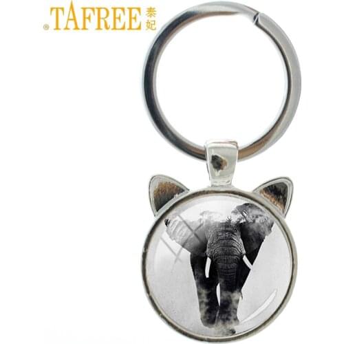 TAFREE Elephant keychain huge figure animal key chain round glass gem handmade charms ring holder good quality new jewelry A232