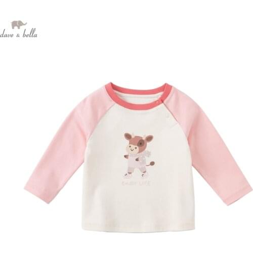 DBZ19327 dave bella autumn baby unisex cartoon letter print patchwork T-shirt children tops kids girls boys fashion tees