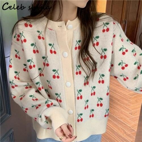 Cherry Jacquard Wool Jumpers Woman Cardigan Button Up Thicken Autumn Sweater Female Korean Sweet Apricot Knit Coat Winter