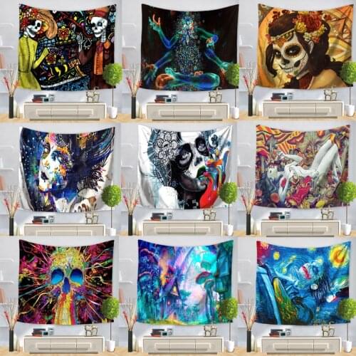 Hippie Punk Skull Painting Pattern Tapestry Polyester Wall Hanging Gobelin Beach Picnic Yoga Rug Mat Home Decor Crafts