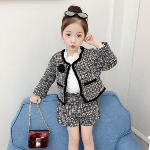 Ins Girls Fall Autumn Princess Winter outfit Black Plaid fashion Long sleeve coat + short set Kids Baby fashion Clothing ST19052