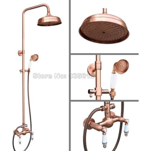 Antique Red Copper Dual Ceramic Handles Mixer Tap Bathroom Classic Wall Mounted Rain Shower Faucet Set W/Handheld Shower Wrg554