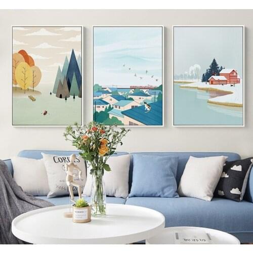 Cartoon Landscape Illustration Poster Seasons Town Snow Bicycle Wall Art Picture Canvas Painting for Living Room Kids Room Decor