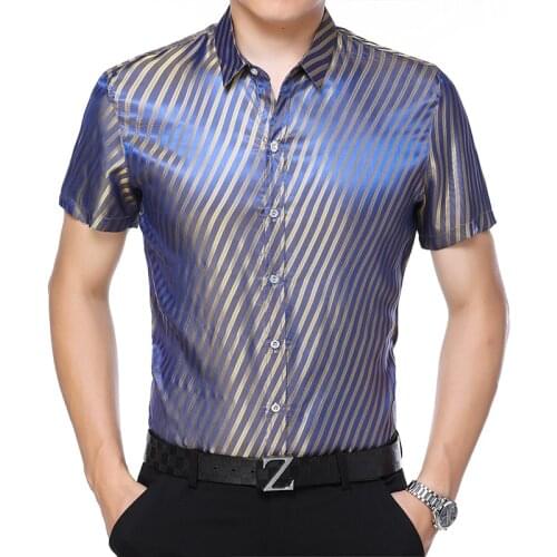 White Large Dresses Summer 2020 Plus Sizes Silk Shirts Mens Blue and Yellow Stripe Shirts Satin Elegant Mens Clothing Social New