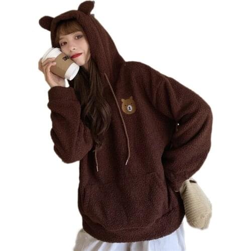 2021 Clothes New womens Wear Thickened Winter Loose hoodie Japanese style embroidered cartoon Bear design for womens hoodie