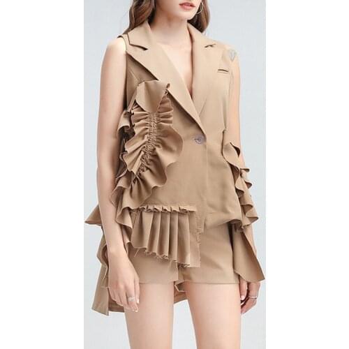 New Elegant Notched Collar Ruffled Patchwork Chic Vest Blazer and High Waist Shorts OL Clothing Set