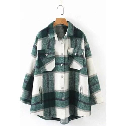 Autumn winter green plaid jacket and coat Fashion button long sleeve coat casual office warm outwear oversized ladies jackets