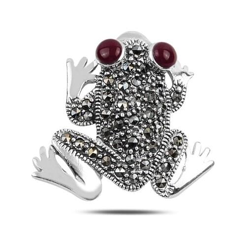 Silver 925 Sterling Frog Natural Stone & Marcasite Gemstone Brooch