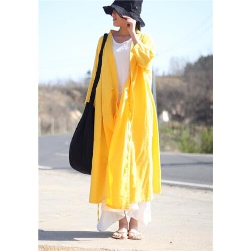 Women Spring Summer Solid Color Trench Coat Outerwear Ladies Vintage Cotton Linen Tops Coat Female Topcoat