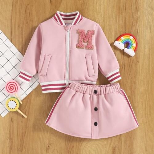 FOCUSNORM 0-3Y Autumn Baby Girls Casual 2pcs Clothes Set Zipper Long Sleeve Letter Jacket Elastic Waist Skirt