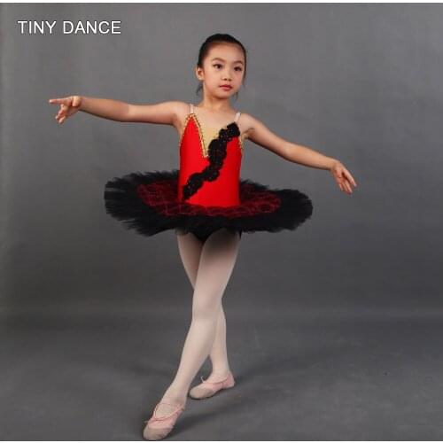 Red Spandex Bodice with Black Pleated Tulle Pancake Tutu Skirt Girls Pre-Professional Ballet Dance Tutus Show Costumes PLL002