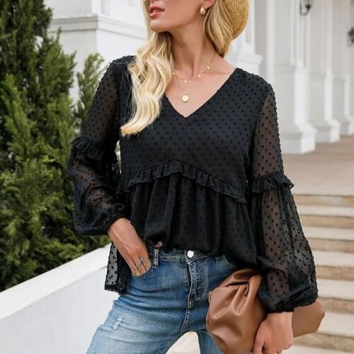Transperant V-neck Polka Dot Women Blouse Ruffle Patchwork Casual Loose Women Blouses And Shirts 2021 Summer Autumn Top Woman