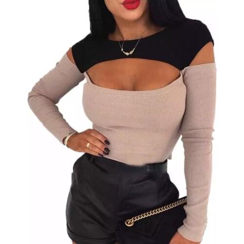 2020 Women Off Shoulder Cut Off Patchwork Spring Autumn Shirts Hollow Out Sexy O Neck Elegant Blouse Long Sleeve Tops Blusas