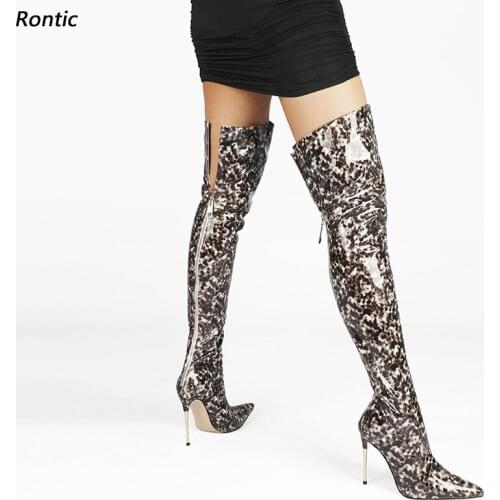 Rontic Women Winter Over Knee Boots Back Zipper Patent Stiletto Metal Heel Pointed Toe Grey Blue Party Unisex Shoes Size 5-15