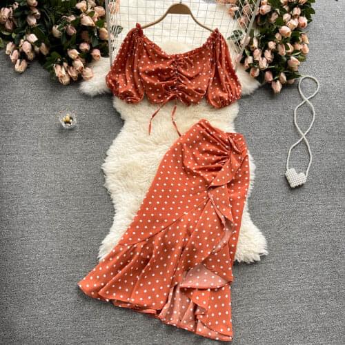 Holiday Style Street Suit New 2021 Summer Fashion Women Polka Dot Two Piece Set Short Sleeve Top + Mermaid Skirt Female Outfits