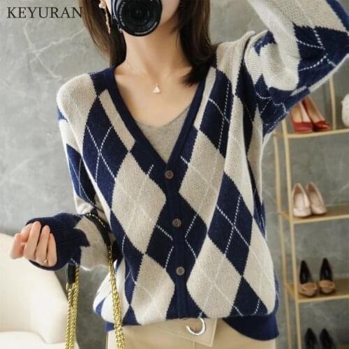 Knitted Cardigan Women Color Block Argyle Plaid Sweater 2021 Autumn V Neck Single Breasted Long Sleeve Womens Sweaters Outerwear