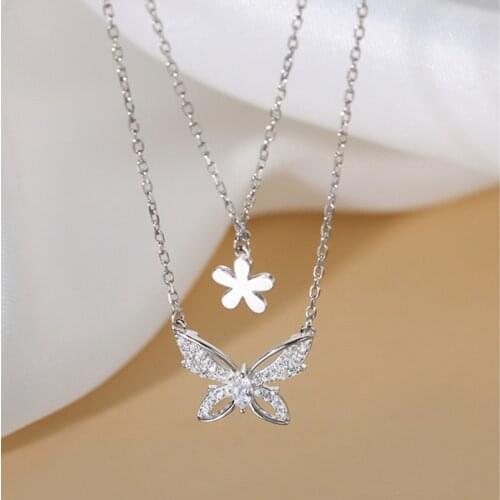925 Sterling Silver Double Layer Butterfly Flower Charm Pendants Necklace For Women Statement Party Jewelry dz224
