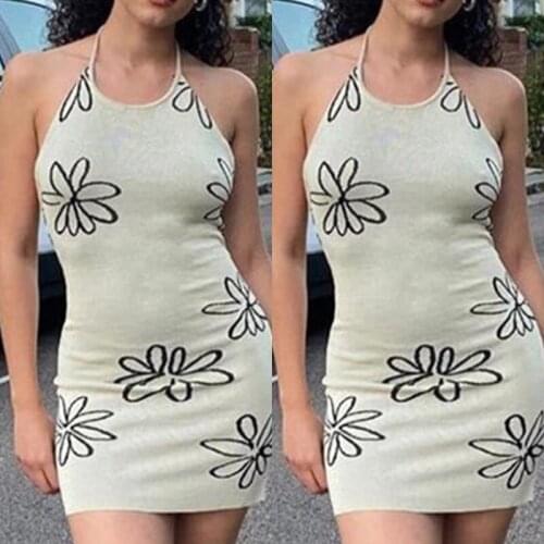 Womens Print Halter Slim Dress with Backpack Hip Woolen Sling Strap White