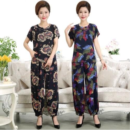 #0621 Plus Size XL-5XL Tee Shirt And Casual Loose Pants Women Short Sleeve Printed Tshirts High Waist Elastic Ankle-length Pants
