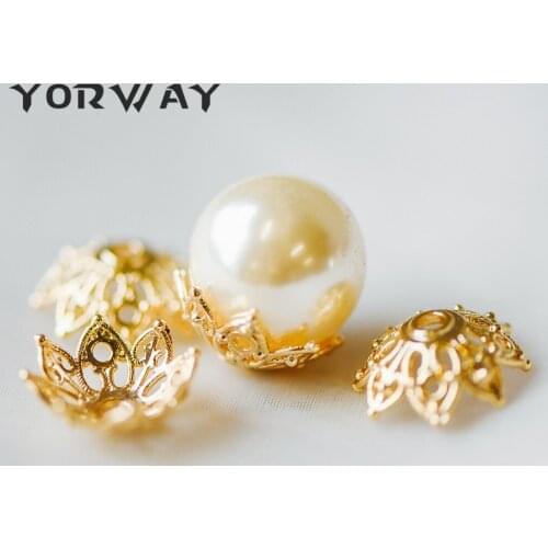 10pcs/ lot Gold Floral Bead Caps 15mm Large, Fit 16-18mm Beads, Real Gold plated Brass Flower Cap End, Lead Nickel Free (GB-193)