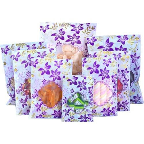 100Pcs/Lot Purple Flower Printed Zip Lock Plastic Bag with Frosted Window Self Seal Tear Notch Flat Pouches for Food Candy Nuts