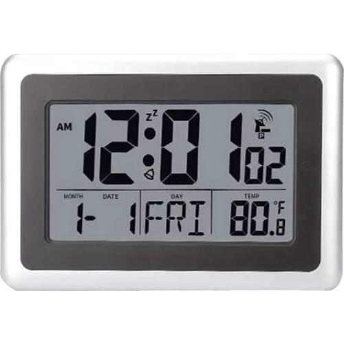 Atomic Digital Wall Clock, Large Lcd Display, Battery Operated, Indoor Temperature, Calendar, Table Standing, Snooze Without B