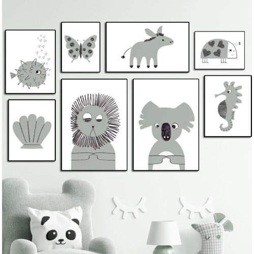 Butterfly Lion Hippocampus Koala Cartoon Nursery Art Canvas Painting Nordic Posters And Prints Wall Pictures Kids Room Decor