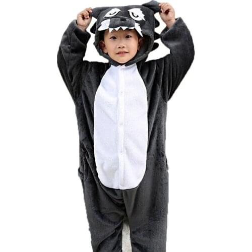 Children Pajama Timber Wolf Kigurumi Onesie Animal Cosplay Costume Black Party Suit Boy Girl Sleepwear Winter Warm Flannel Fancy