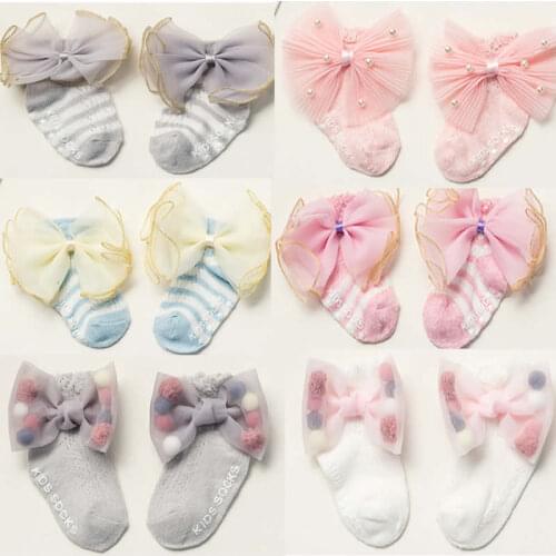 Newborn Socks Baby Girls Socks Princess Lace Mesh Cotton Summer 0 to 3 Year Baby Bowknot Thin Cotton Cartoon Sock