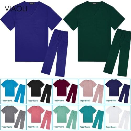 Elasticity Nurse Uniform with Spandex Multi-pockets Medical Scrub Uniforms Dental Clinic Workwear Short Sleeved Surgery Uniforms