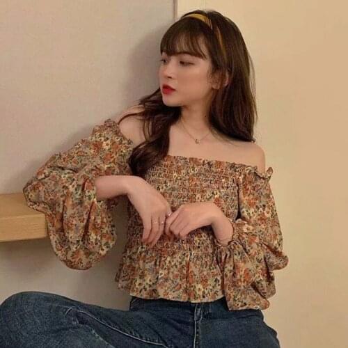 Hstar 2021 New Spring Flower Shirt Women Casual Vintage Puff Long Slevee Floral Blouse French Women Square Collar Korean Tops